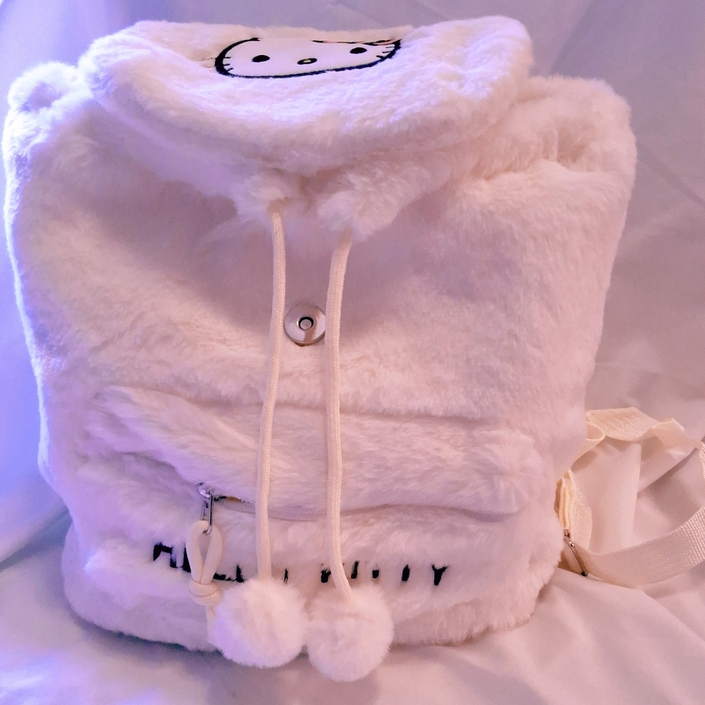 Cute Hello Kitty Plush Drawstring Backpack - Creamy White